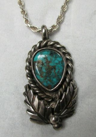 Turquoise Pendant Necklace Vtg Native Am W 24 " Twisted Sterling Silver 925 Chain