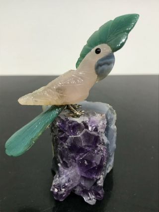 Vtg Carved Stone Crystal Amethyst Parakeet Bird Art Statue Figurine Sculpture