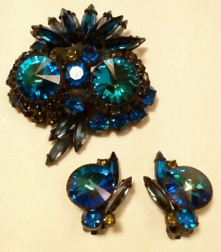 Vintage Demi Parure Brooch Pin Clip Earrings Rivoli Navette Sapphire Cerulean