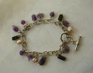 Fabulous Vintage Sterling Silver Amethyst & Pearl Bracelet W Toggle Clasp - Vgc