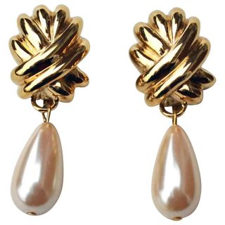Vintage Givenchy Large Clip - On Faux Pearl Drop Earrings 1980s