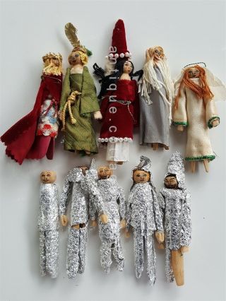 Vtg Handmade Wood Clothes Pin Dolls Folk Art 11pc King Queen Angel Soldiers Ooak