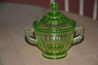 Federal Depression Celery Green Glass Sugar Bowl & Lid Vintage Uranium Vaseline