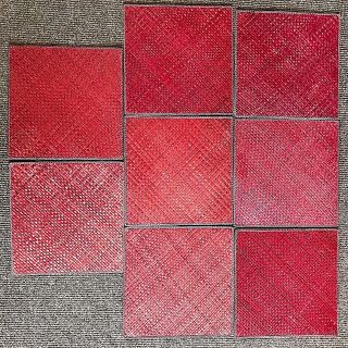 Set Of 8 Square 14 " Vintage Natural Wicker Woven Burgundy Red Weave Placemats