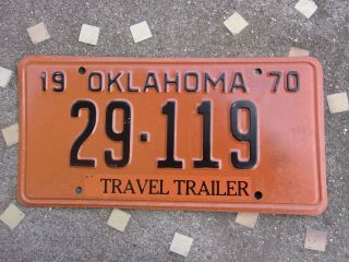 Vintage Old License Plate Sign Oklahoma 1970 Orange Travel Trailer Man Cave