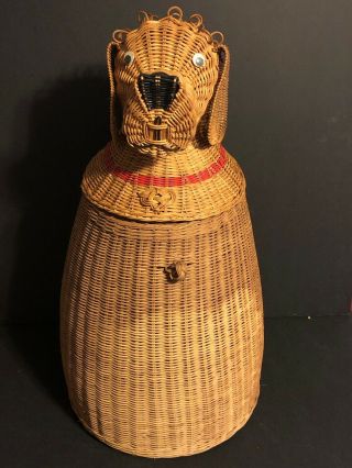 Vintage Wicker Dog Hamper Basket Figure Figural