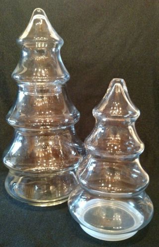 2 Vintage Clear Glass Pine Tree Shaped Jars Canisters Containers Christmas