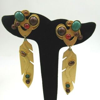 Vintage Signed Gale Rothstein Modernist Gold Tone Gemstones Dangle Earrings