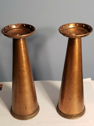 Pair Vintage Arts & Crafts Movement Style Hammered Copper Candlesticks