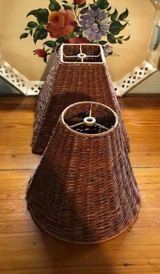 Set Of 2 Bell Shaped Tan Brown Vintage Wicker Rattan Lamp Shades