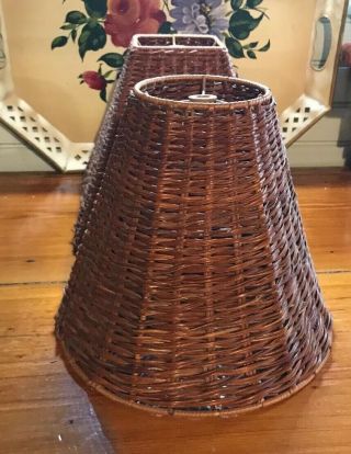 Set of 2 Bell Shaped Tan Brown Vintage Wicker Rattan Lamp Shades 5