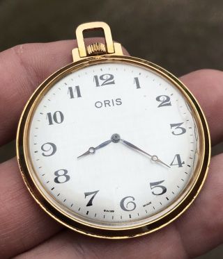 A GENTS QUALITY VINTAGE ORIS GOLD PLATED OPEN FACE POCKET WATCH,  C1970s. 3