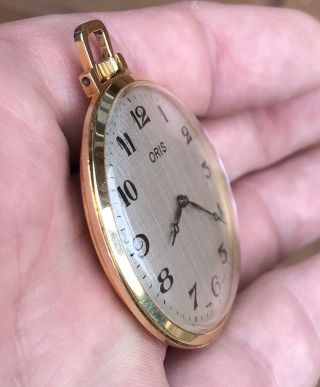 A GENTS QUALITY VINTAGE ORIS GOLD PLATED OPEN FACE POCKET WATCH,  C1970s. 4