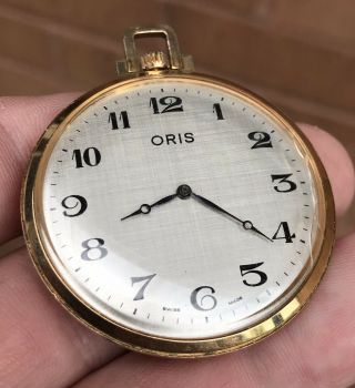 A GENTS QUALITY VINTAGE ORIS GOLD PLATED OPEN FACE POCKET WATCH,  C1970s. 8