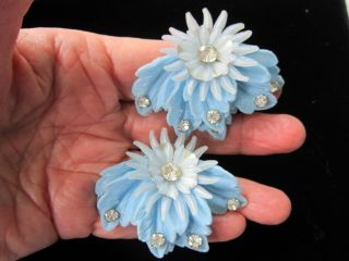 Large Plastic Flower Earrings Vintage Blue Rhinestones
