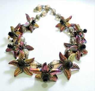 Vintage Amber Pink Iridescent Flowers Lampwork Art Glass Bead Necklace Au19191
