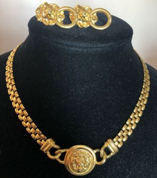 Vintage Gold Tone Necklace Clip Earring Set Lion Heads