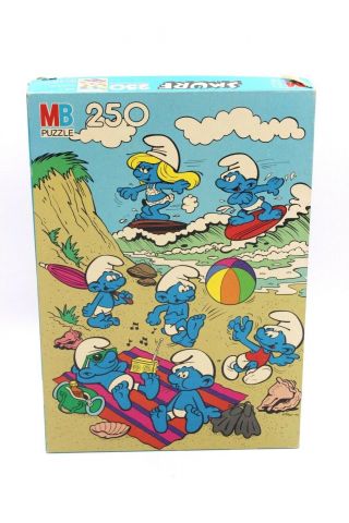 Vintage 1982 Smurf 250 Puzzle Milton Bradley Beach Surf Complete