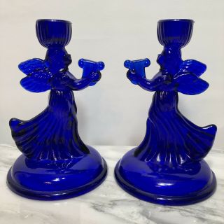 Angels With Harps Cobalt Blue Glass Candle Holders Set Of Two Vintage