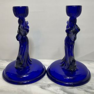 Angels with Harps Cobalt Blue Glass Candle Holders Set of Two Vintage 2