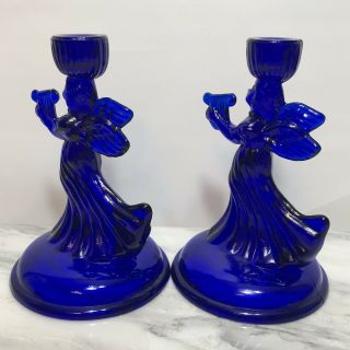 Angels with Harps Cobalt Blue Glass Candle Holders Set of Two Vintage 3