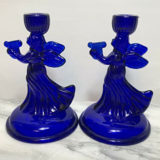 Angels with Harps Cobalt Blue Glass Candle Holders Set of Two Vintage 4