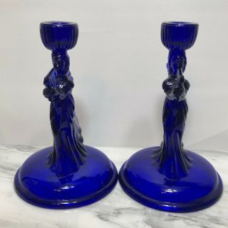 Angels with Harps Cobalt Blue Glass Candle Holders Set of Two Vintage 5