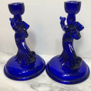 Angels with Harps Cobalt Blue Glass Candle Holders Set of Two Vintage 7