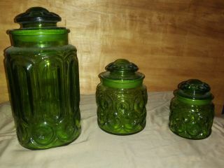 Set Of 3 Vintage Green Glass Canisters