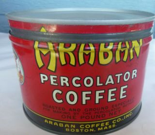 Vintage Araban Percolator Coffee 1 Lb Keywind Tin Can Right Lid Boston