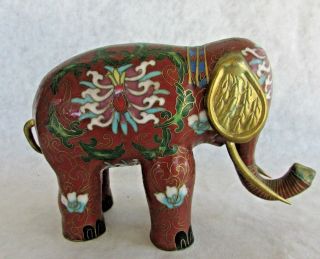Vintage Cloisonne Elephant - Enamel On Brass - Red With Brass Accents