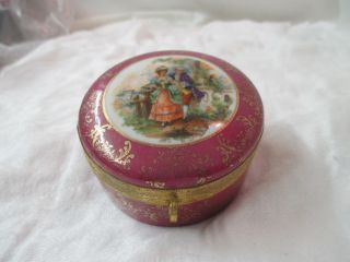 Vintage Germany Irice Porcelain Powder Jar Pink Gold Courting Couple