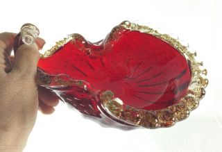 Vintage 1950s Bubbled Red Murano Ashtray W Embedded Gold In Clear Trim 7.  5 " Exc