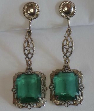 Vintage Art Deco Rhodium Plate Filigree Emerald Paste Earrings