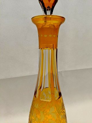 Vintage Yellow Cut to Clear Crystal Glass Decanter - Czech Bohemiam 15.  5” 5