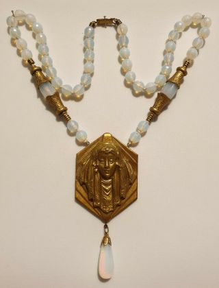 Vintage Art Deco Style Opaline Glass Bead Egyptian Revival Pendant Necklace