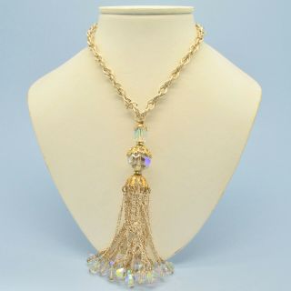 Vintage Necklace 1960s Aurora Borealis Crystal Tassel Drops Goldtone Jewellery