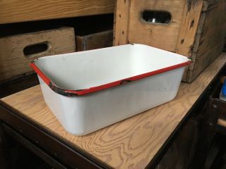 Vintage Enamel Ware Tub Basin Farm House Square Wash Bowl Pan 12” White Red