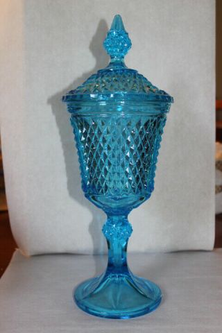 Vintage Indiana Glass Diamond Point Blue Candy Compote Urn Large 15 1/2 " Tall