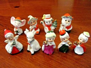 Vintage Adorable Napco Bone China Set Of 9 Christmas Miniature H/p Figurines Exc
