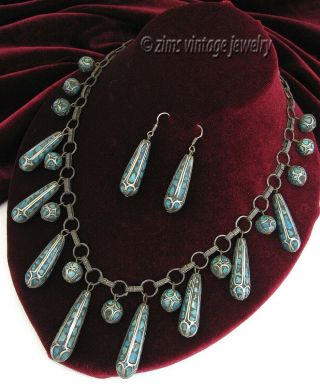 Vintage India Ethnic Silver Turquoise Mosaic Fringe Necklace Dangle Earrings Set