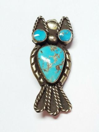 Vintage Sterling Silver Native American Navajo Turquoise Owl Brooch Pin