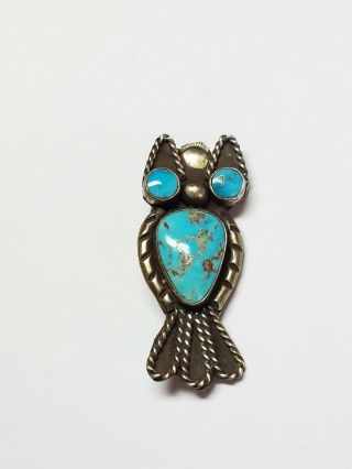 Vintage Sterling Silver Native American Navajo Turquoise Owl Brooch Pin 2
