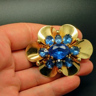 Vintage Jewellery 1930s Art Deco Solid Brass Blue Glass Flower Brooch