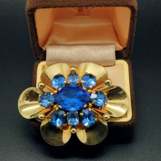VINTAGE JEWELLERY 1930s ART DECO Solid Brass Blue Glass Flower BROOCH 2