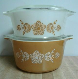 Vintage Pyrex Butterfly Gold 472 & 473 Cinderella Casseroles With Lids Set Of 2