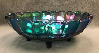 Vintage Indiana Blue Iridescent Carnival Glass Oval Footed Fruit Scallop Bowl