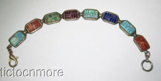 Vintage Navajo Indian Sterling Silver Multi Stone Inlay Mosaic Panel Bracelet