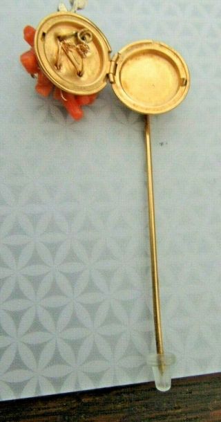 Vintage Signed Miriam Haskell Gold Tone Photo Locket Faux Coral & Pearl StickPin 5