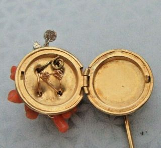 Vintage Signed Miriam Haskell Gold Tone Photo Locket Faux Coral & Pearl StickPin 6